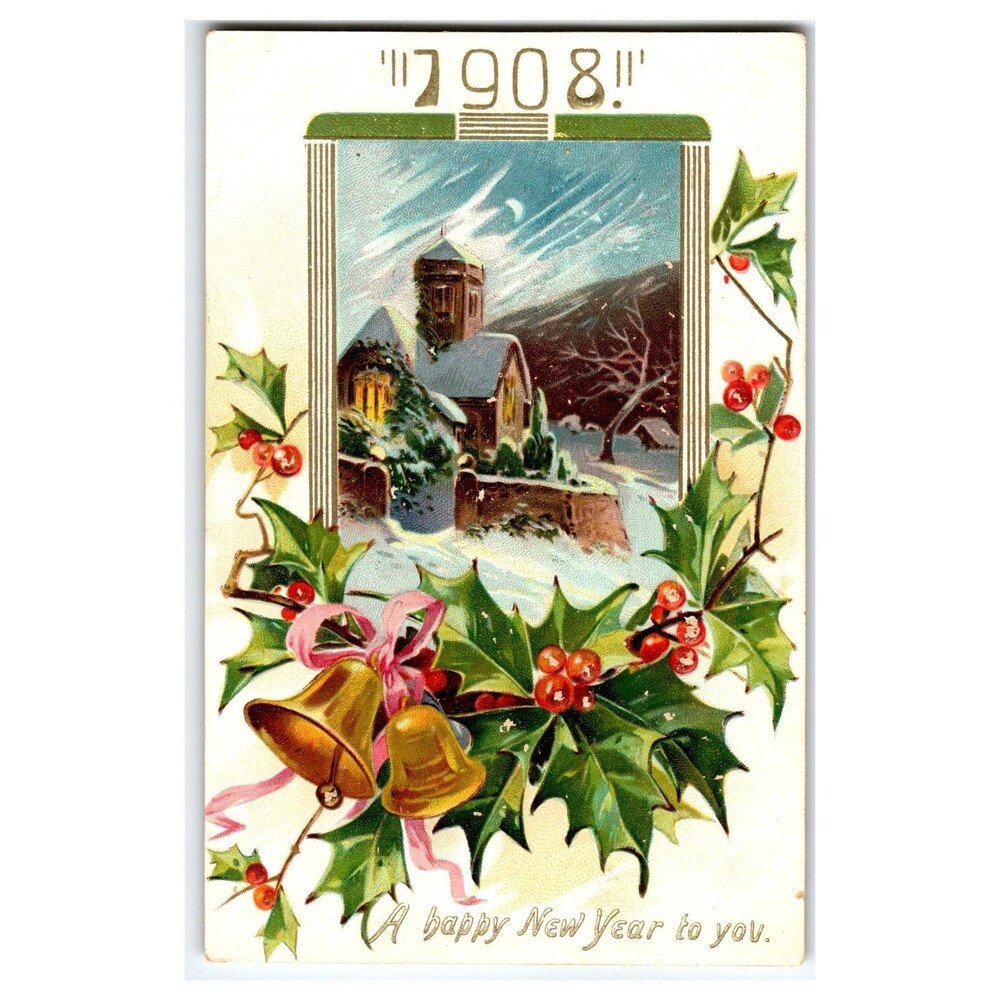 1908 Raphael Tuck New Year Postcard Winter Church Holly Bells Printed in Saxony